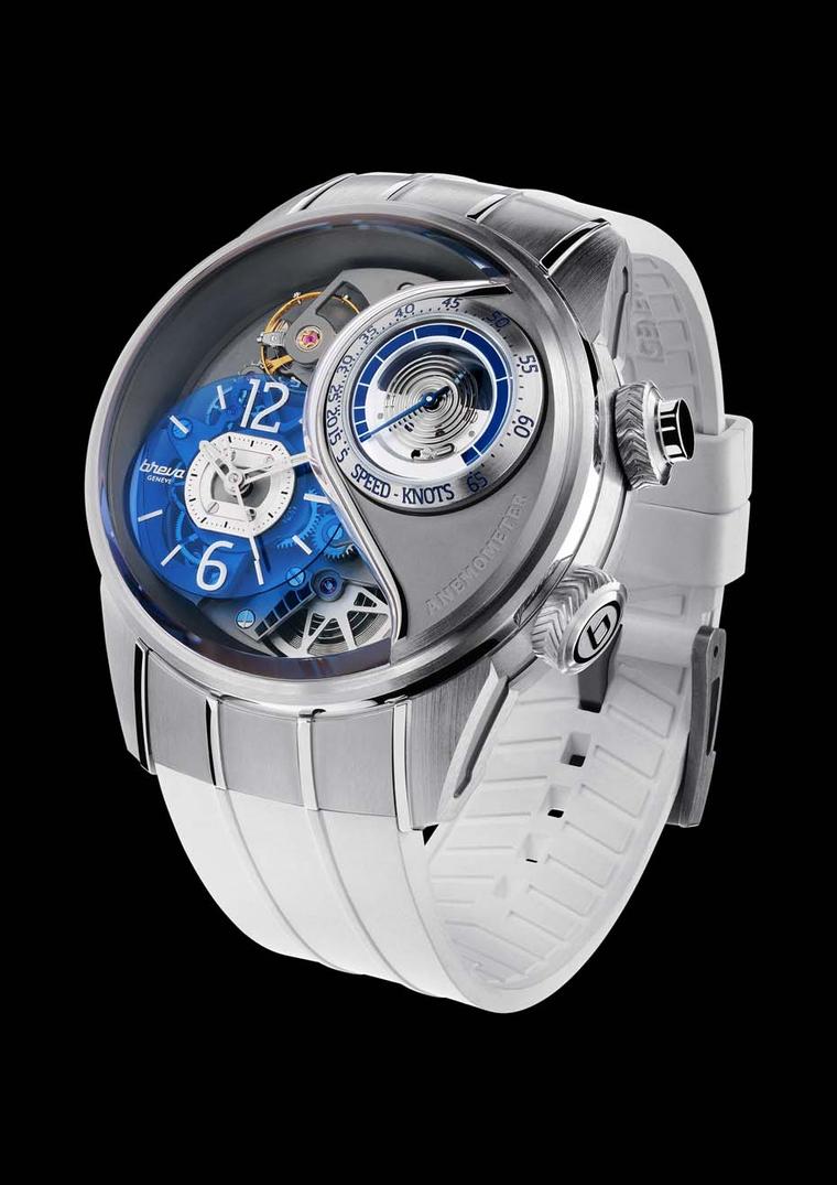 Breva watches Génie 03 Anemometer comes in a 44.70mm titanium case with a pusher at 2 o'clock to deploy the anemometer. The hours and minutes are displayed on a transparent blue disc allowing a view on the automatic movement, which is water resistant to 3