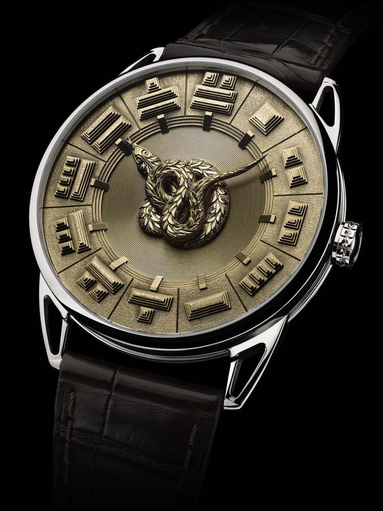 De Bethune watches DB25 Quetzalcoatl men's watch features original gold hour markers representing an aerial view of Aztec pyramids. The animated dial in solid gold contrasts with the 44mm white gold case.