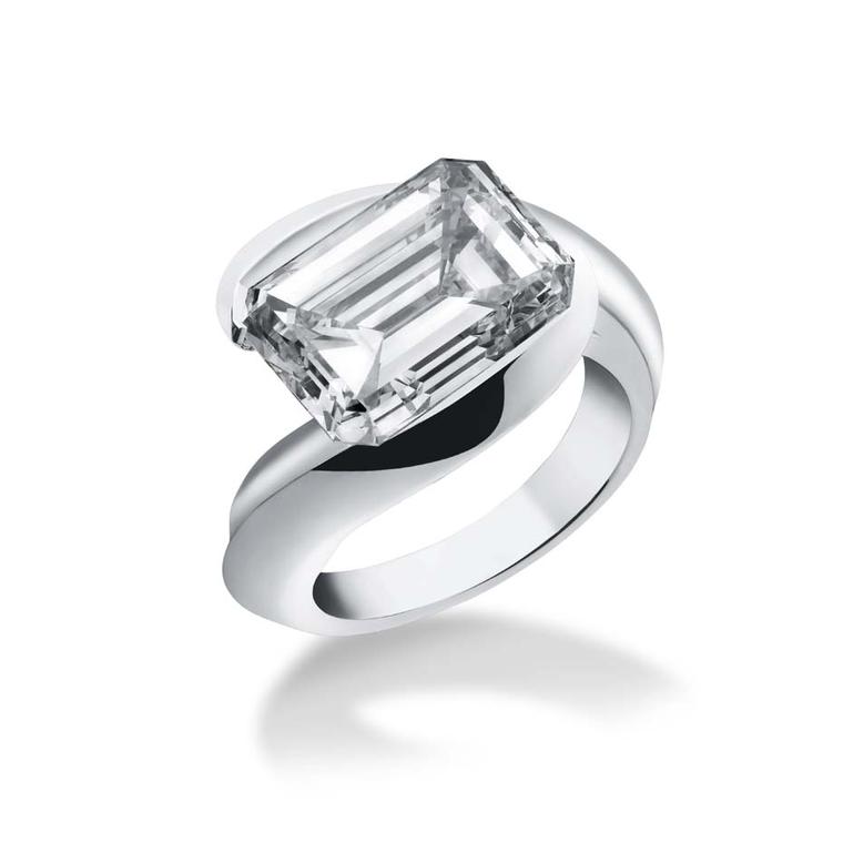 Alexandre Reza emerald cut engagement ring, set with a magnificent 7.67ct emerald cut diamond in white gold.