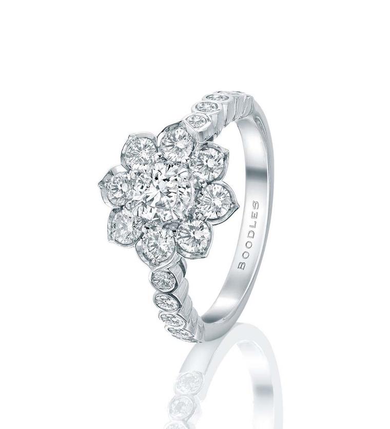 The Passionflower engagement ring from Boodles is set with a 0.50ct round brilliant-cut diamond surrounded by a further 1.00ct of diamonds.