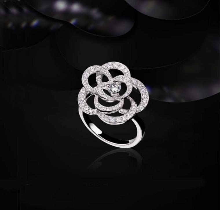 Chanel Camélia ring in white gold, with pavé diamonds looping their way around the Maison's iconic camelia motif - Mademoiselle Chanel's favourite flower.