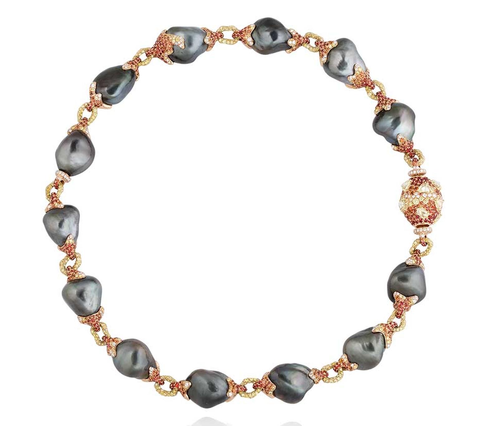 Alessio Boschi recreates the raging properties of an erupting volcano in this stunning statement necklace, in which hot lava is represented by fiery orange sapphires and yellow diamonds set in rose gold, and black and grey Tahitian pearls form the molten 