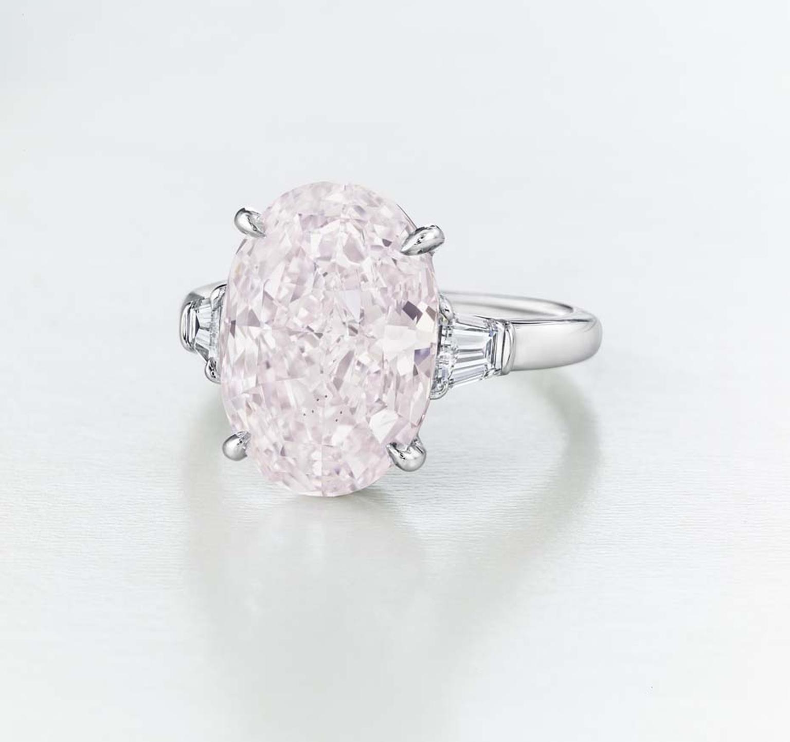 Pink and blue diamonds were among the most bid items at Christie's New York Magnificent Jewels sale, like this oval-cut pink diamond ring.