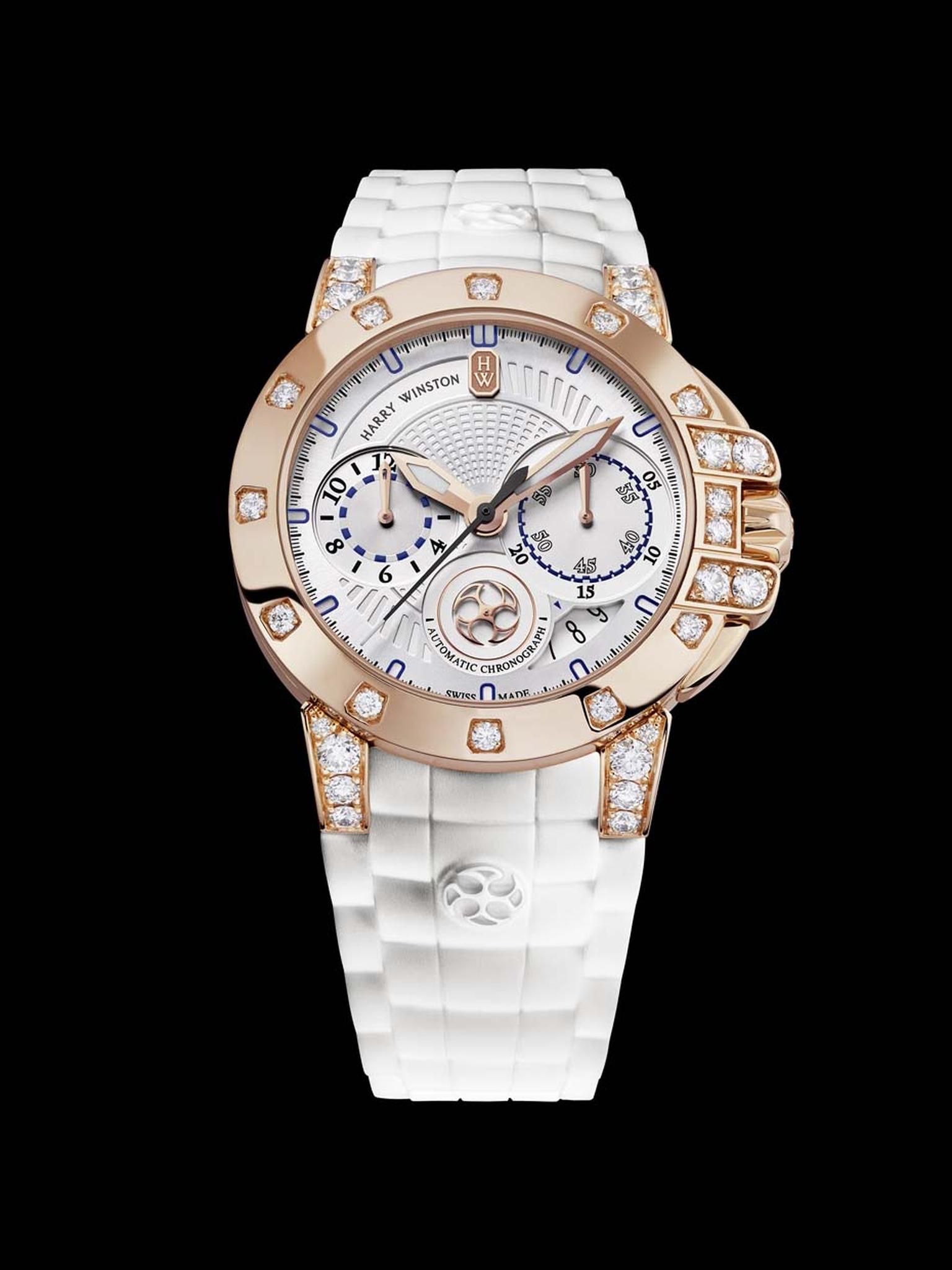 Harry Winston watches Ocean Chronograph Automatic 36mm for ladies is equipped with a high-tech chronograph movement visible through the caseback. The rose gold case is set with 33 brilliant-cut diamonds on the bezel and lugs.