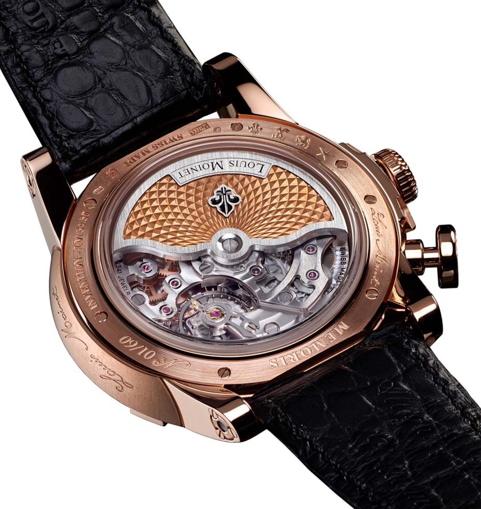 Louis Moinet's Memoris chronograph comes in a 46mm rose or white gold case, is a limited edition of 60 pieces and displays the entire mono-pusher chronograph movement on the dial. On the back of the case, the richly decorated rotor reveals some of the 302