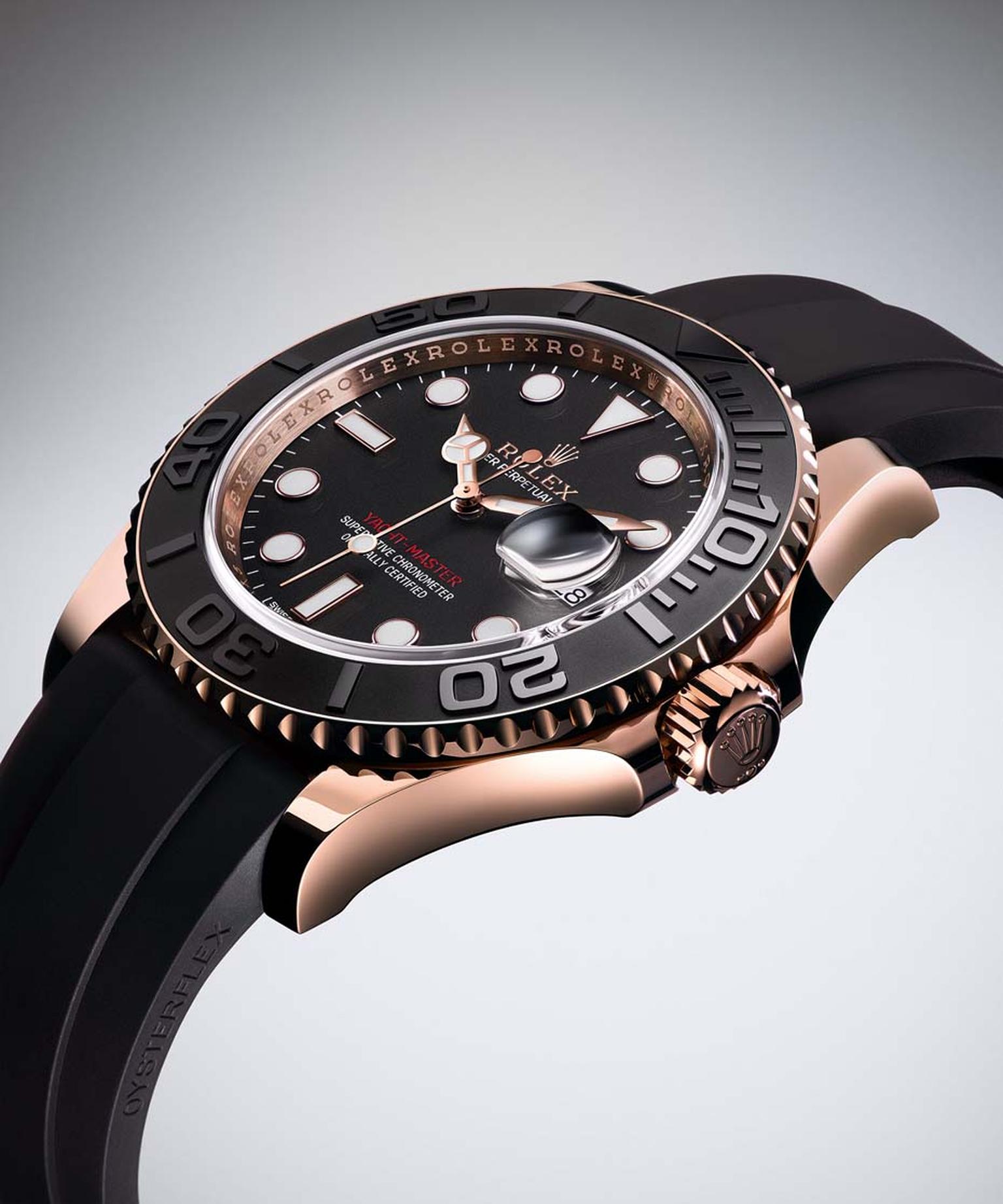 Rolex's new Yacht-Master 40mm watch comes on an innovative Oysterflex bracelet, a resilient and sporty alternative to the traditional metal bracelet. The high-tech strap is made from blades of flexible metal, which are covered in black elastomer for enhan