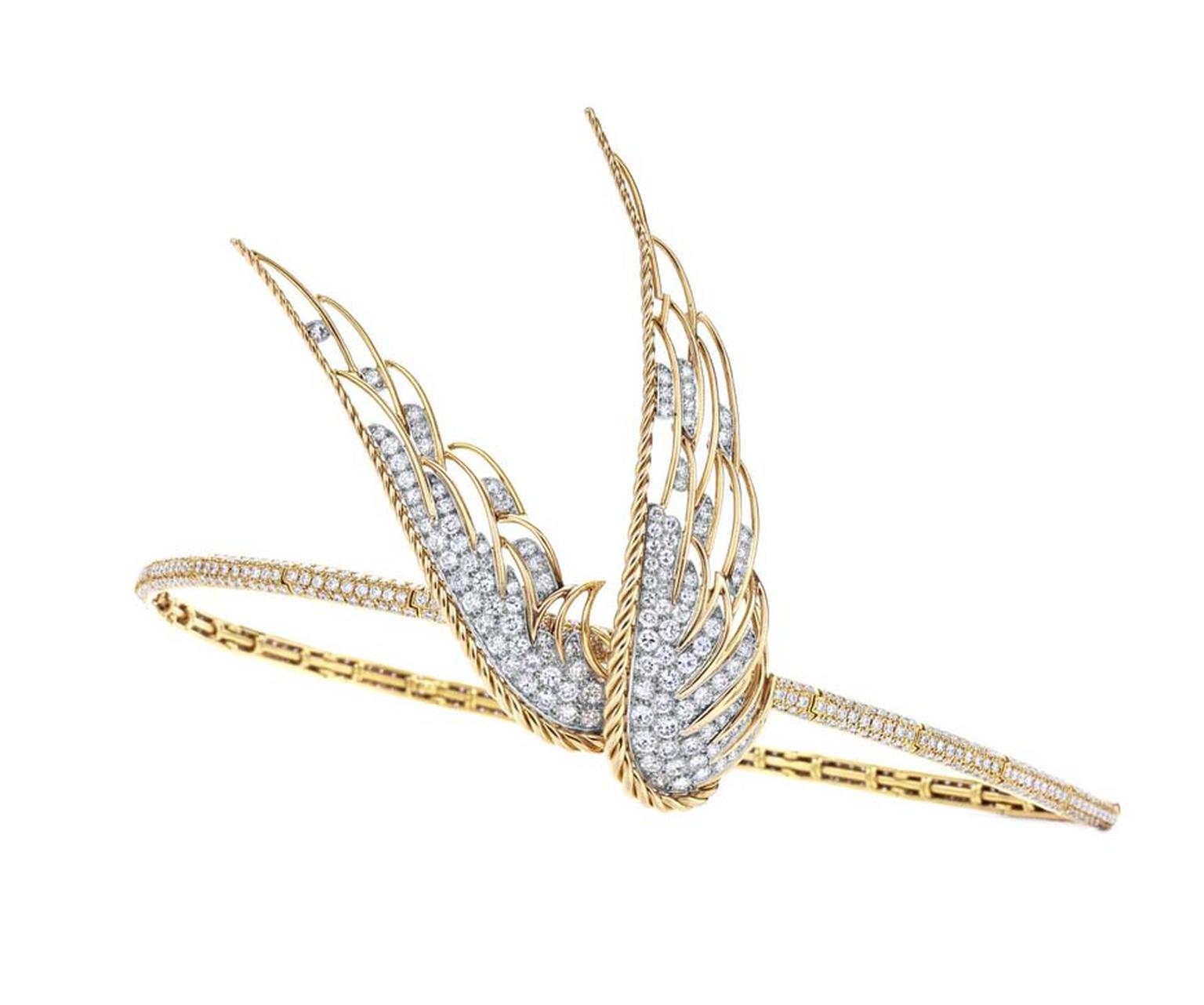 Fred Leighton bridal tiara in yellow gold with pavé diamonds featuring a 1950s Winged Victory brooch.