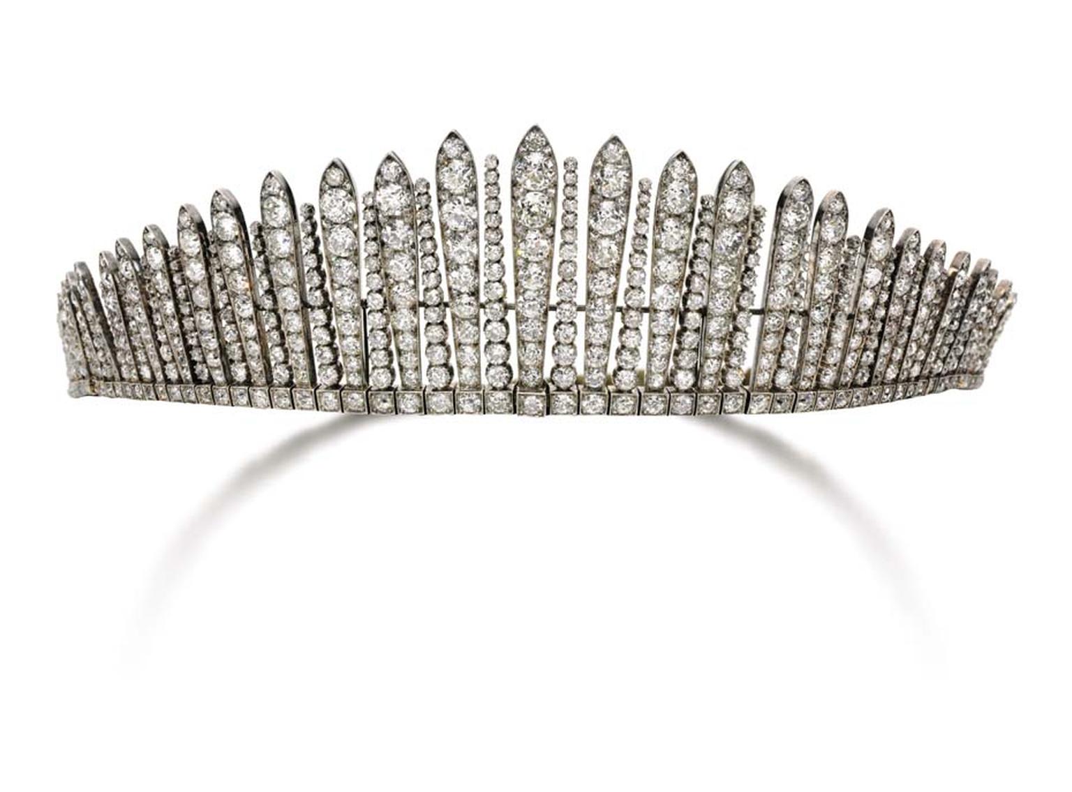 Dating back to the 1880s, this “tiara russe” diamond tiara, with a design based on the head ornaments worn by the Russian kokoshniks, will be auctioned at Sotheby’s Geneva this May (estimate: $150-295,000).