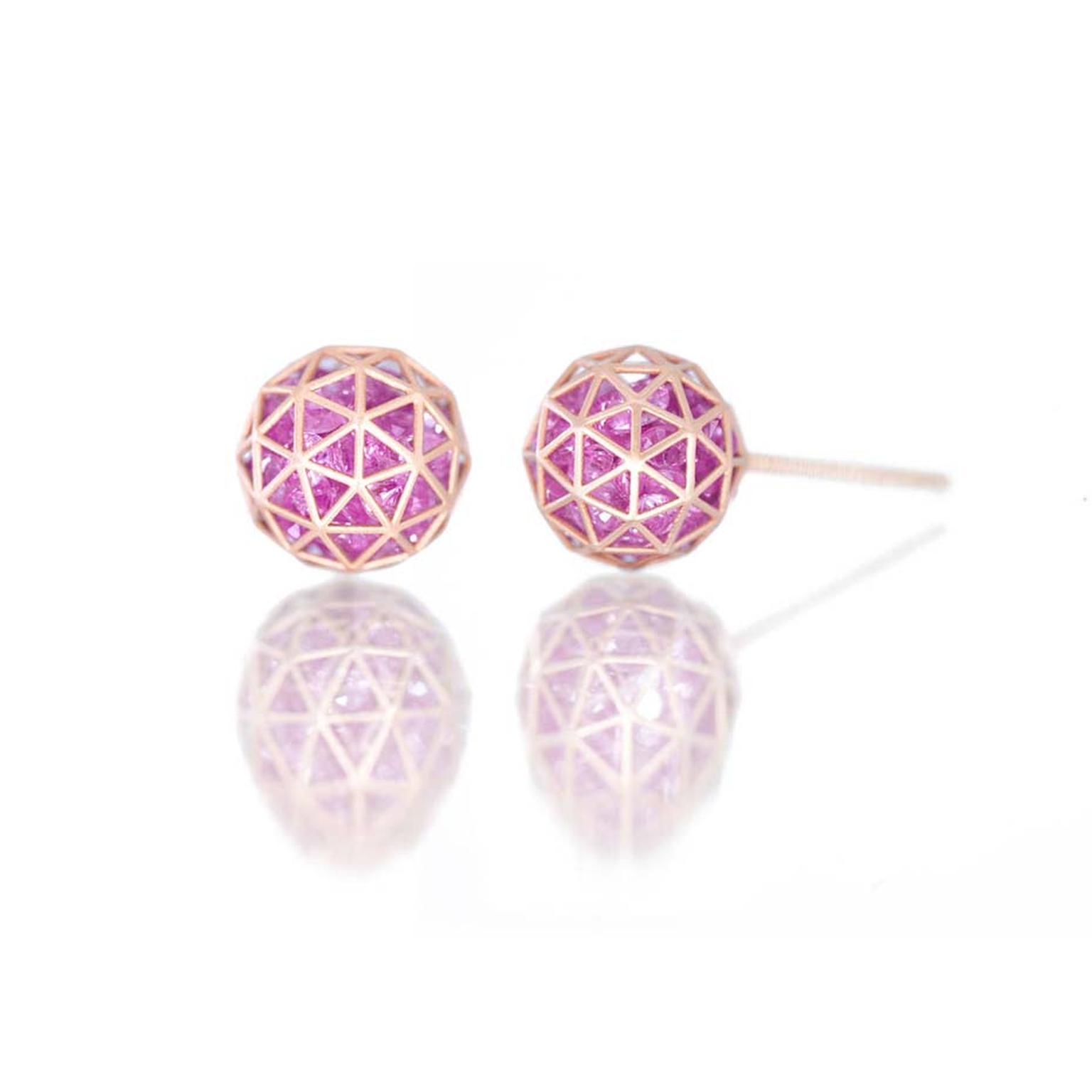 Beautiful Shaker stud earrings filled with loose pink sapphires by Roule & Co ($1,495), available from 1stdibs.