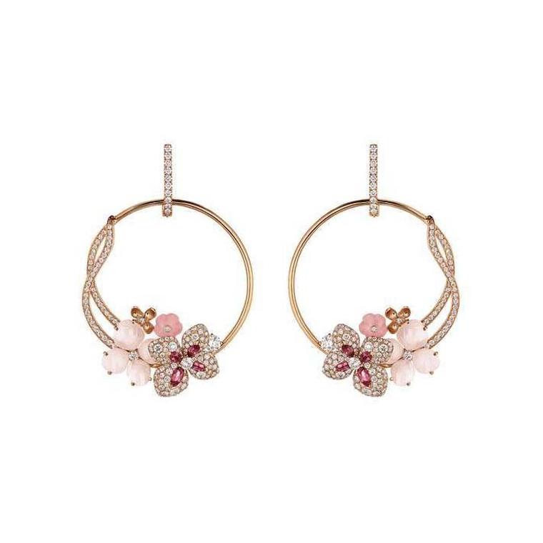 Chaumet Hortensia rose gold earrings set with angel-skin coral, pink opal, pink tourmalines and diamonds.