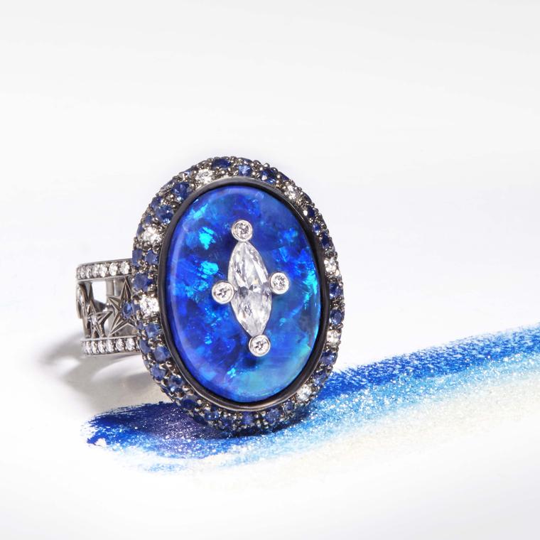 Katherine Jetter one-of-a-kind Astro opal ring with sapphires and diamonds.