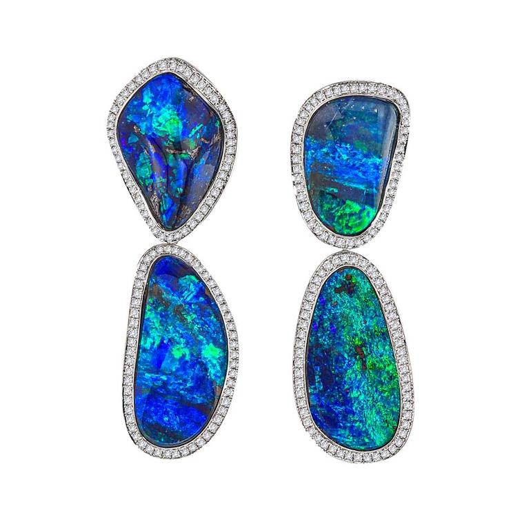 Katherine Jetter blue opal drop earrings with diamonds.