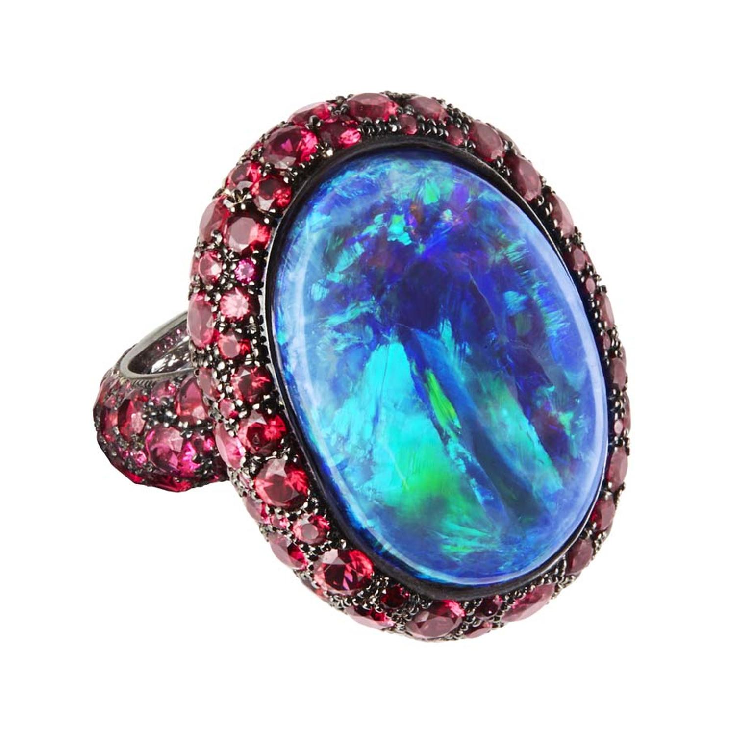Katherine Jetter Scarlett opal ring set with a central Boulder opal.