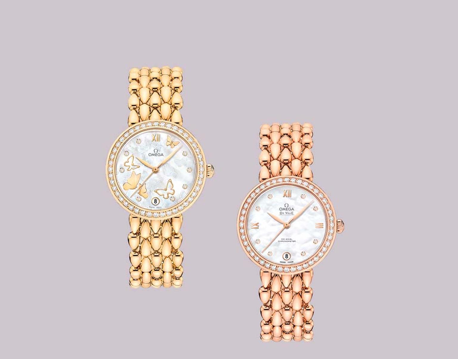 Omega watches De Ville Prestige collection welcomes the new Dewdrop watch with a glamorous rose or yellow gold bracelet shaped like dewdrop beads.