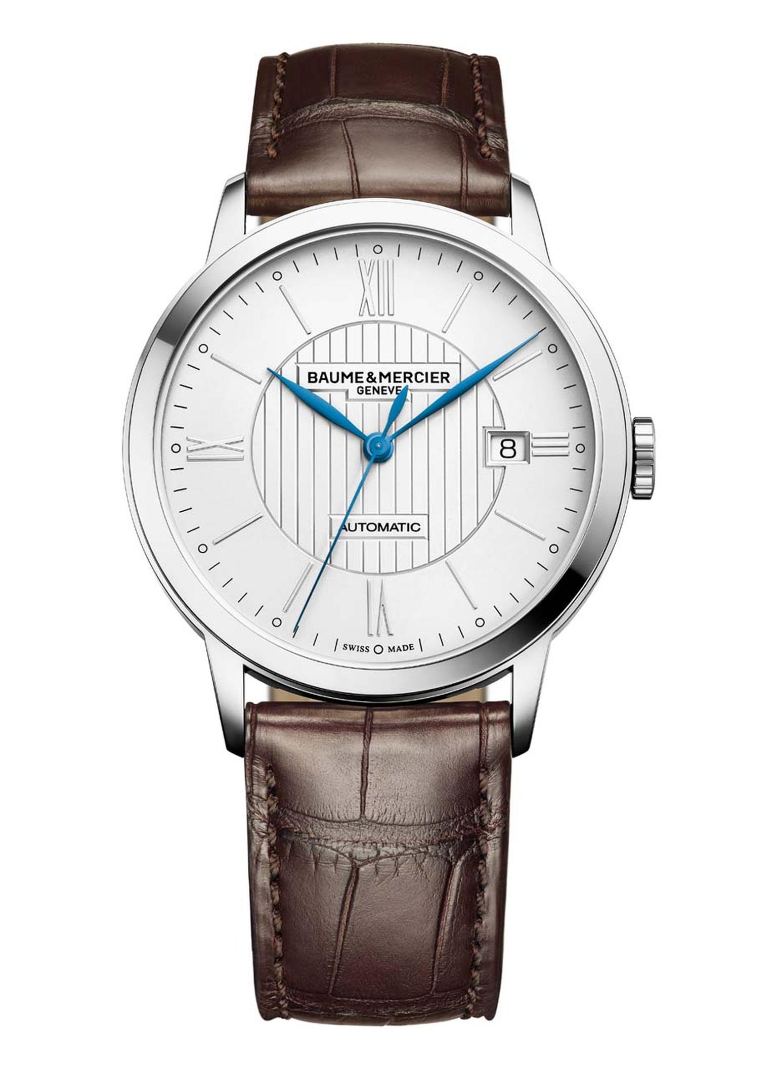 Baume & Mercier Classima watch is a handsome contender for a graduation gift. The 40mm stainless steel case frames the smart opaline dial with central guilloché decor, Roman numerals and indices, central hour, minute and seconds hands and a date window at