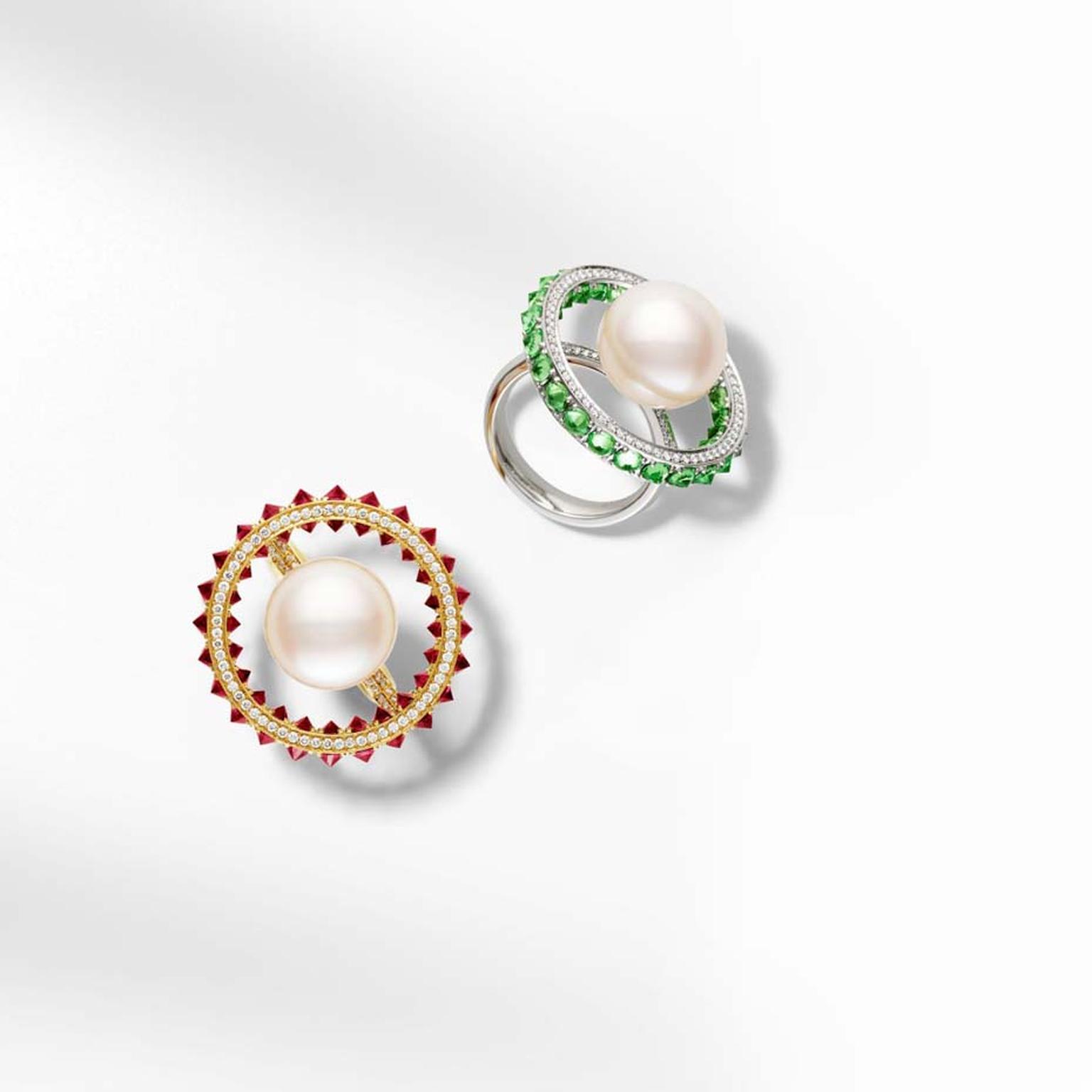 Paspaley Touchstone Australian South Sea pearl ring with rubies and white diamonds in yellow gold, and with tsavorites and white diamonds in white gold.