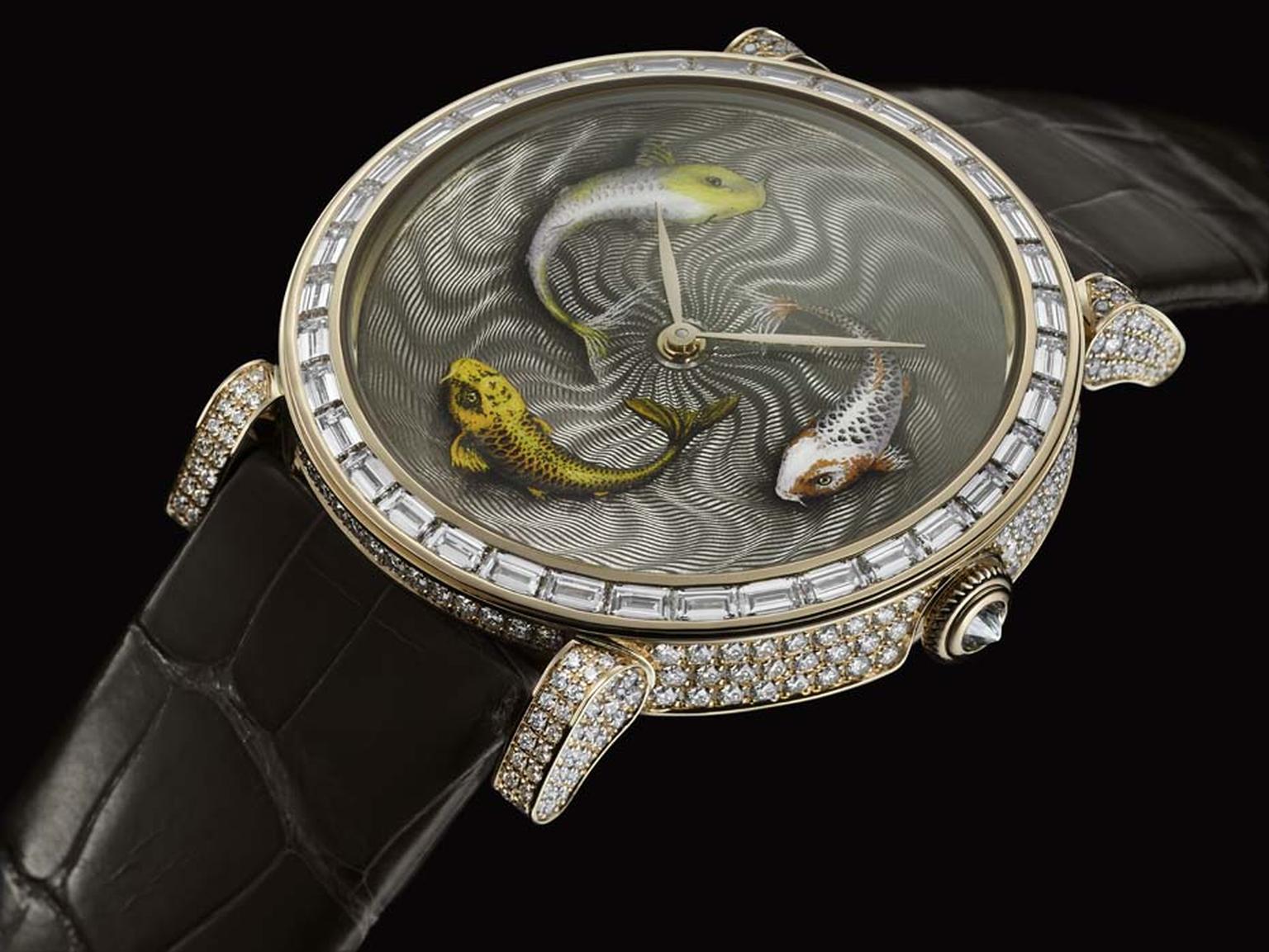 The DeLaneau Koi watch displays the incredible level of Grand Feu enamel painting executed at the brand's headquarters in Geneva. A unique piece, the three Koi fish swim against a swirling guilloché background and are trapped for eternity in a 42mm red go