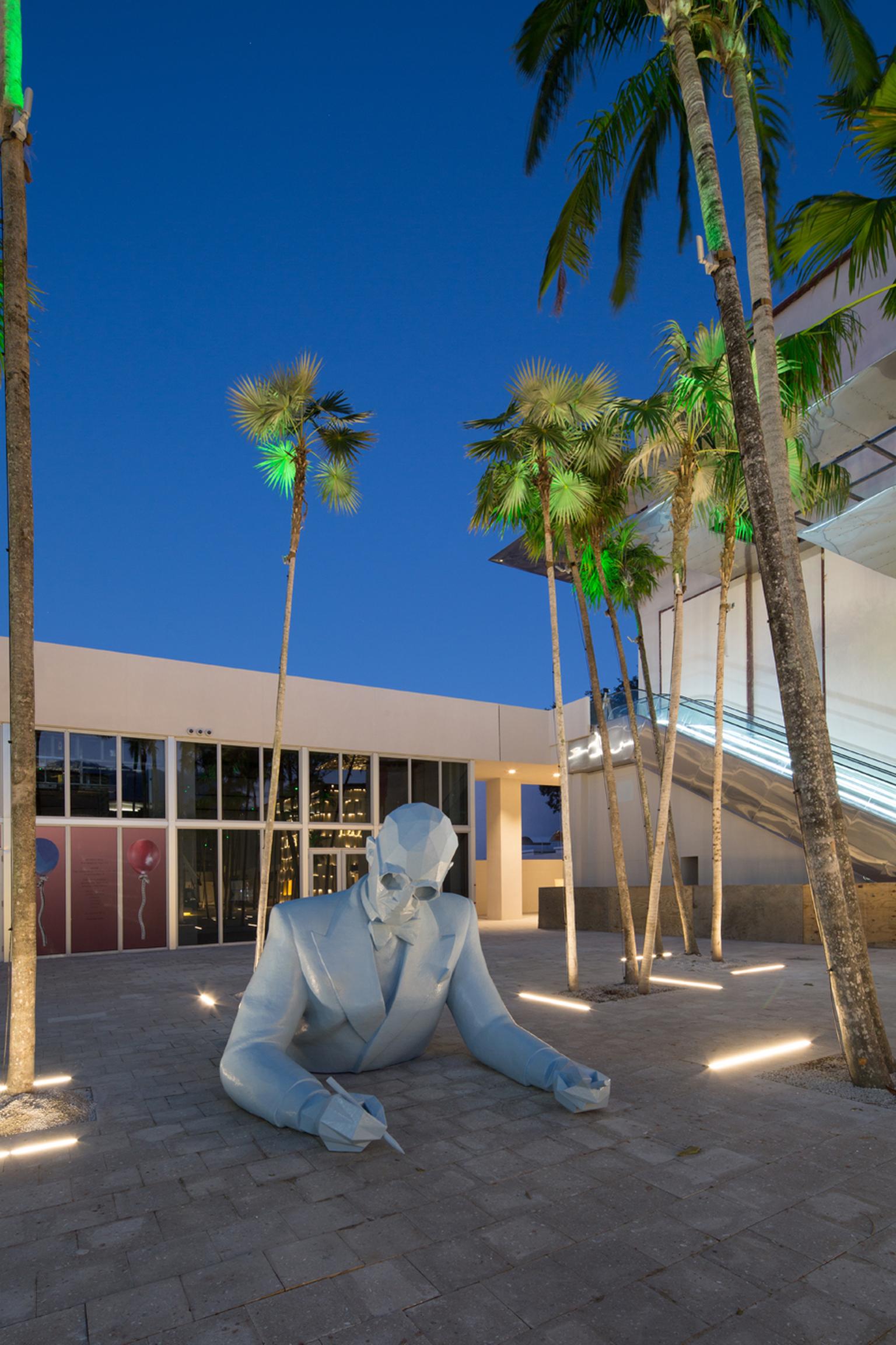 French artist Xavier Veilhan created this fiberglass sculpture of architect Le Corbusier, which overlooks the Buckminster Fuller Fly's Eye Dome in the Miami Design District.