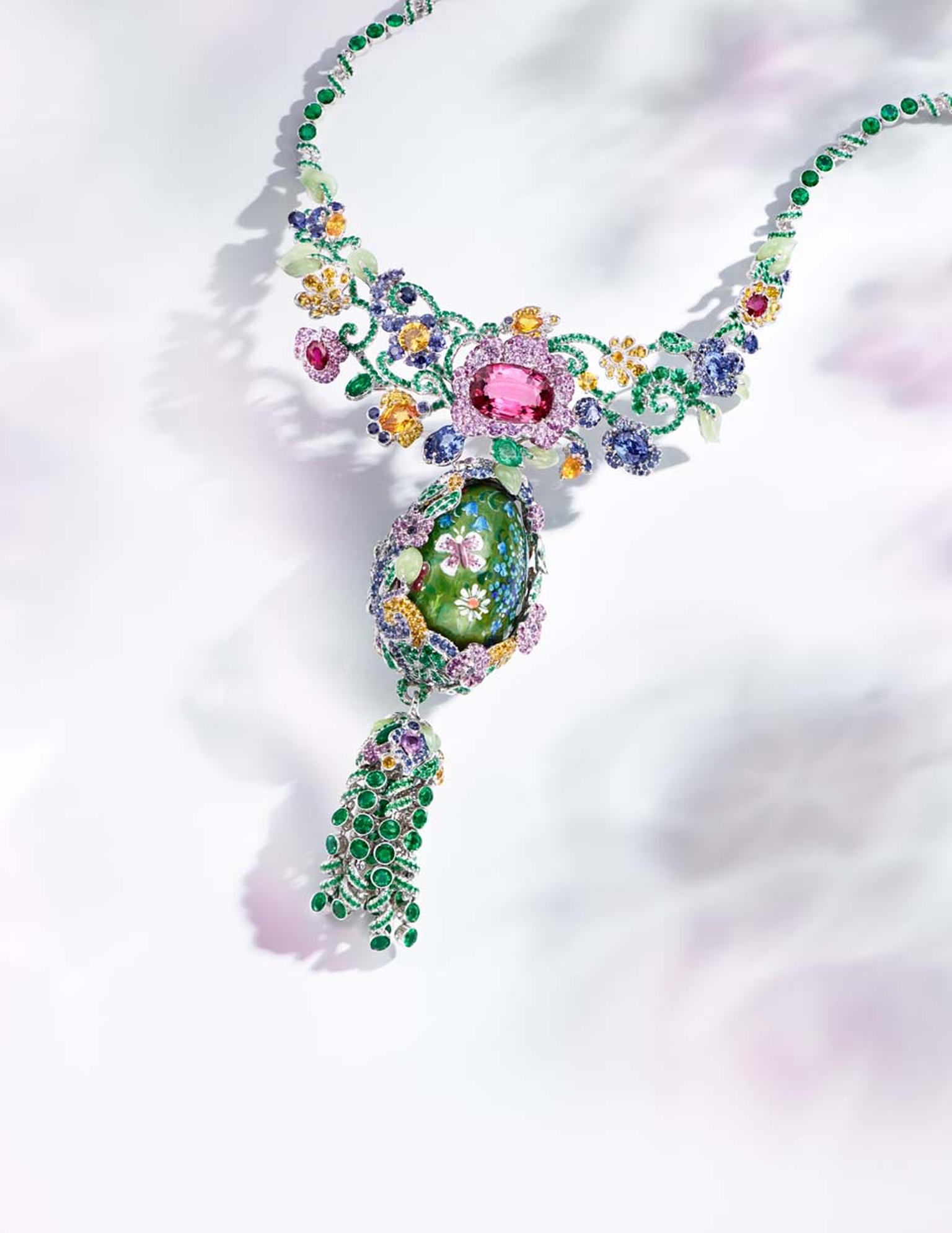 Fabergé will be showcasing both mid-range jewelry as well as a selection of awe-inspiring masterpieces at the Couture Show Las Vegas, including this one-of-a-kind Fabergé necklace, the centerpiece of the Secret Garden collection, with a detachable, rotati