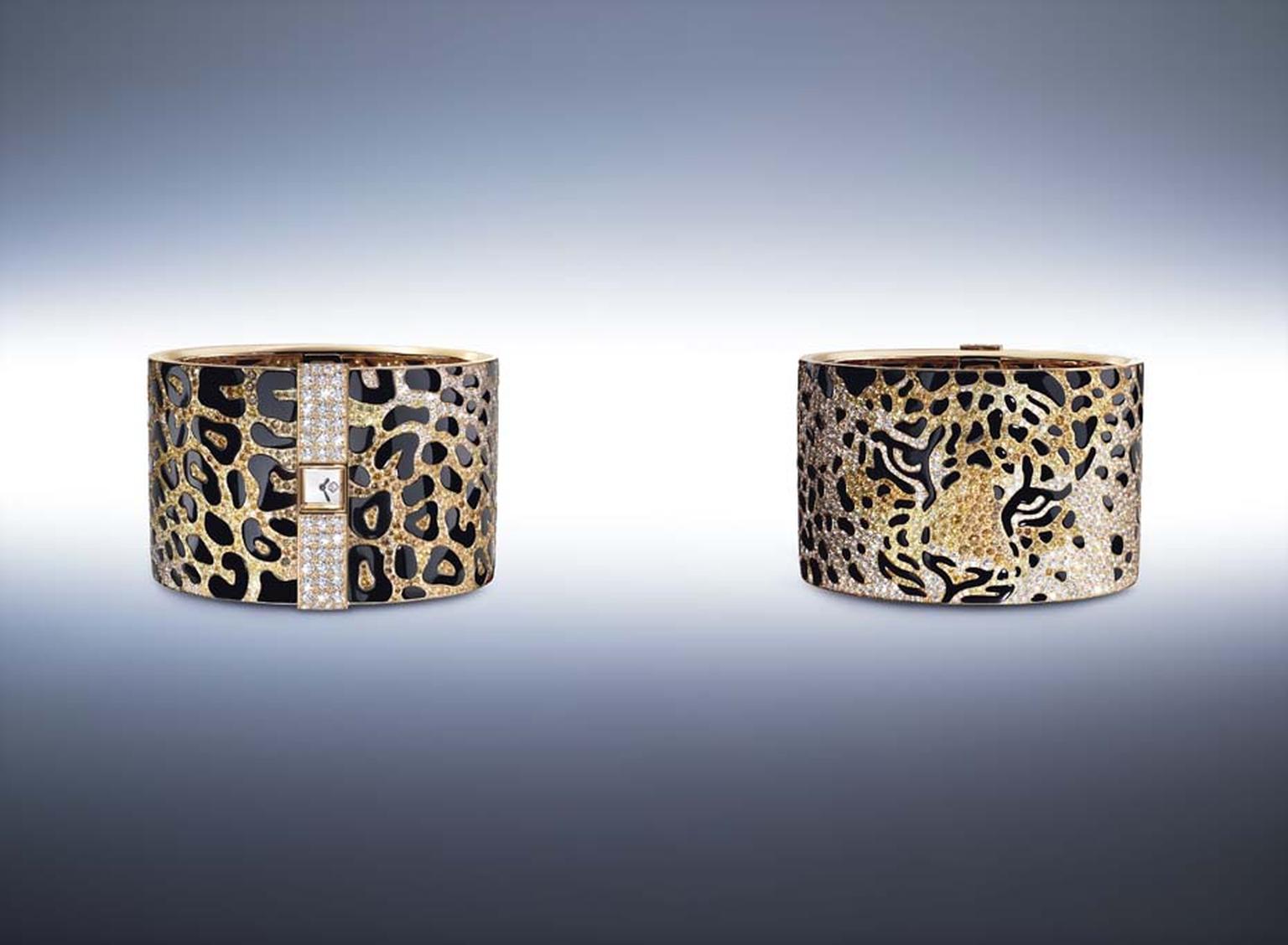 Cartier Panthère Impériale High Jewellery cuff watch recreates the maison's most famous feline, brought to life with an incredible paving of different coloured diamonds and onyx.