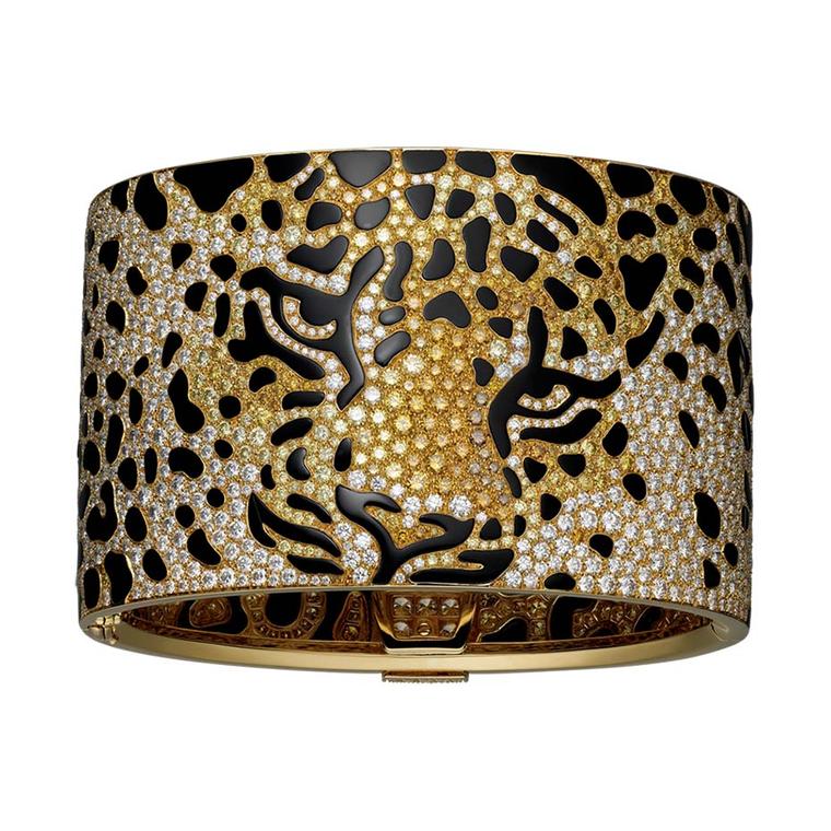 Cartier's Panthère Impériale high jewellery cuff recreates the Maison's most famous feline, brought to life in diamonds and onyx. Just cutting the onyx alone took Cartier's special team of jewellers and artisans 600 hours.
