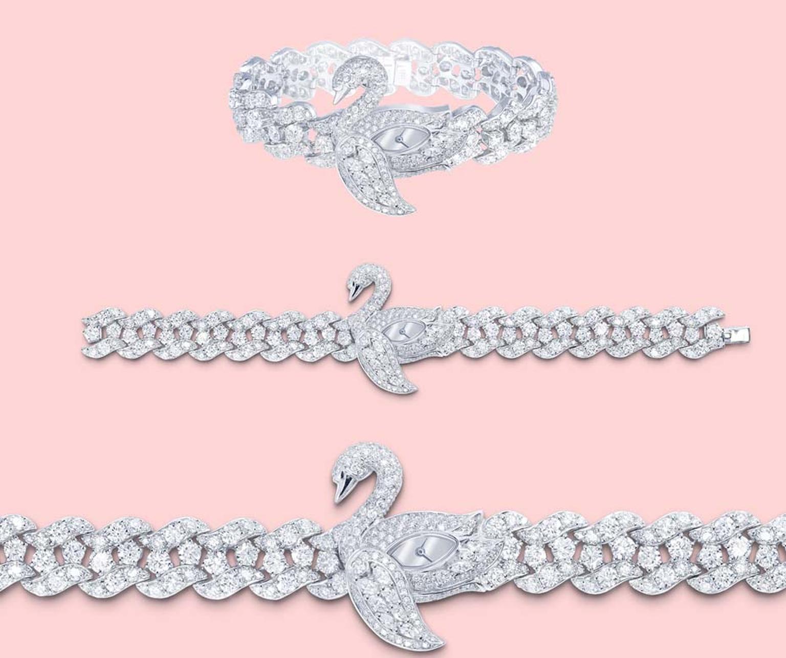 Graff watches Baby Swan features a delicate diamond wing that slides gracefully downwards, revealing the swan’s secret watch face. Set with 20 carats of the world's finest diamonds, the swan appears to float on a lake of sparkling water.