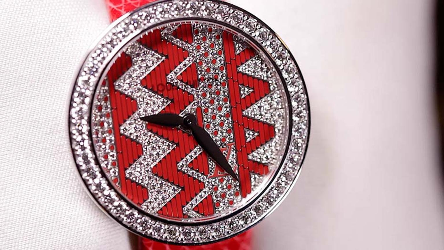 Louis Vuitton’s new Chevron ladies' watch in red lacquer and diamonds was created under the guidance of creative director Nicolas Ghesquiere, whose Summer 2015 ready-to-wear collection incorporated the famous Monogram V.