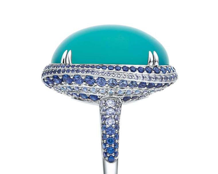 Tiffany ring set with a 21.66ct chrysocolla surrounded by sapphires in platinum, from the 2015 Blue Book collection.