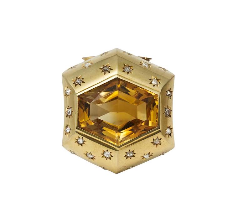 The citrine sets centre surrounded by diamonds in this beautiful Suzanne Belperron brooch with matching ring, available at Paddle 8.