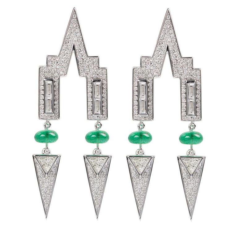 Nikos Koulis Universe earrings with white diamonds and emeralds.
