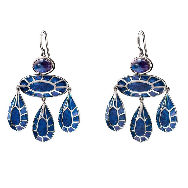 Solange Azagury-Partridge Georgian earrings set with approximately 2.00ct oval cabochon sapphire and filled with pliqué-a-jour enamel in black rhodium-plated white gold. Estimate: £6,000-£8,000. To bid now, follow the link in the article.