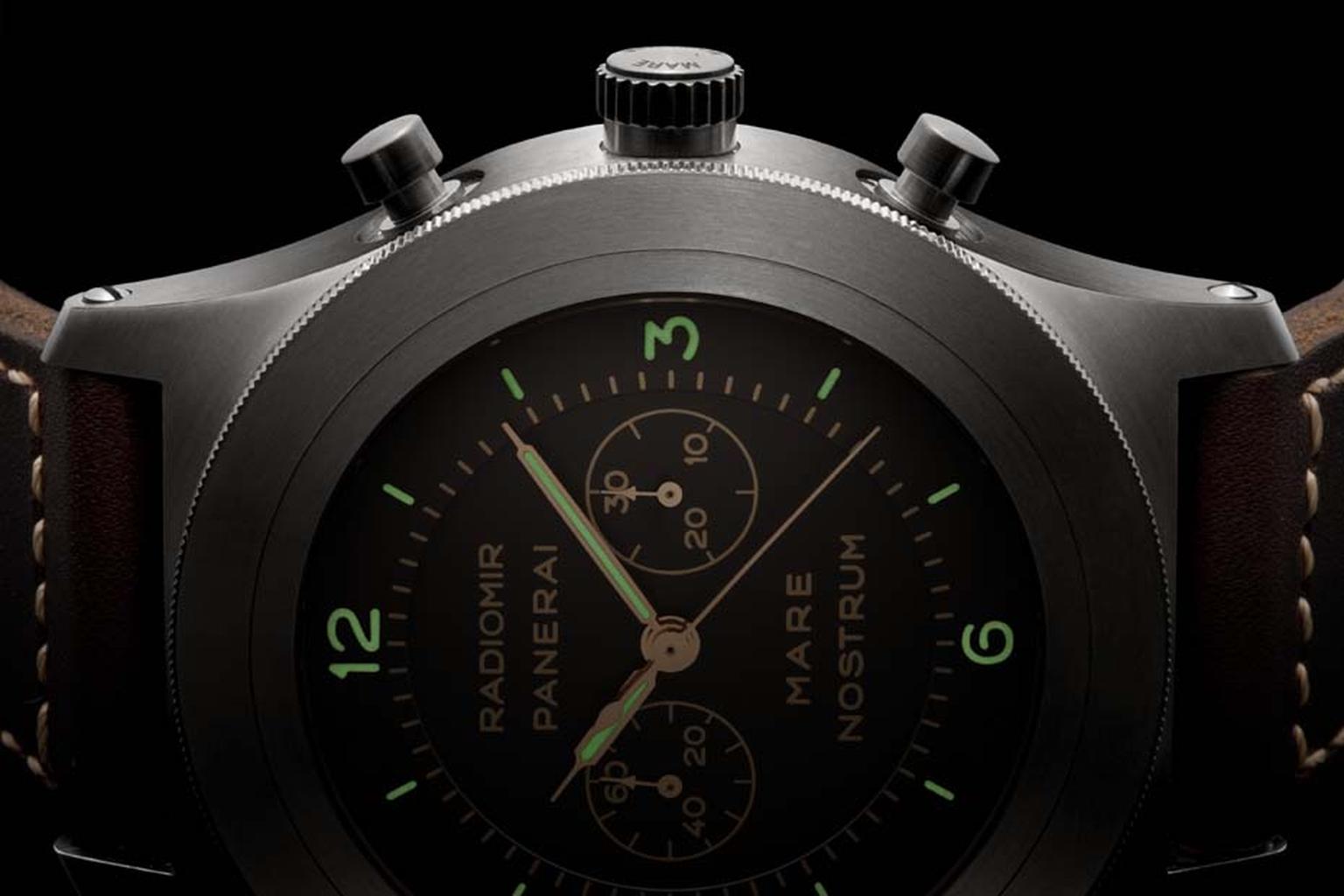 Panerai Mare Nostrum watch was re-edited this year. Unlike the original watch which was made from steel, this huge 53mm chronograph comes in a lightweight titanium case. The Mare Nostrum is a limited edition of 300 pieces.
