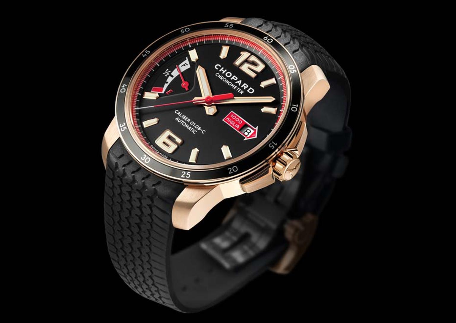 The Chopard Mille Miglia GTS Power Control watch, like all three models in the collection, is also available in a luxurious rose gold case with a black rubber strap that emulates the tread found on Dunlop tyres of the 1960s.