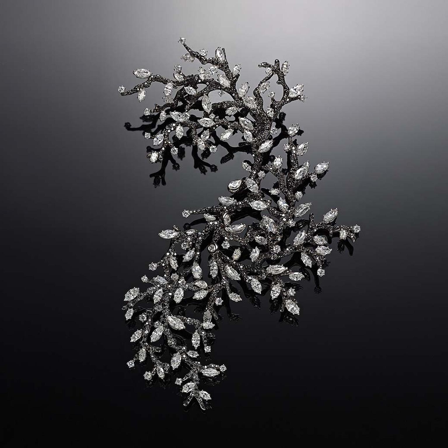 Marquise diamonds set against black diamonds in Cindy Chao’s Winter Branch brooch