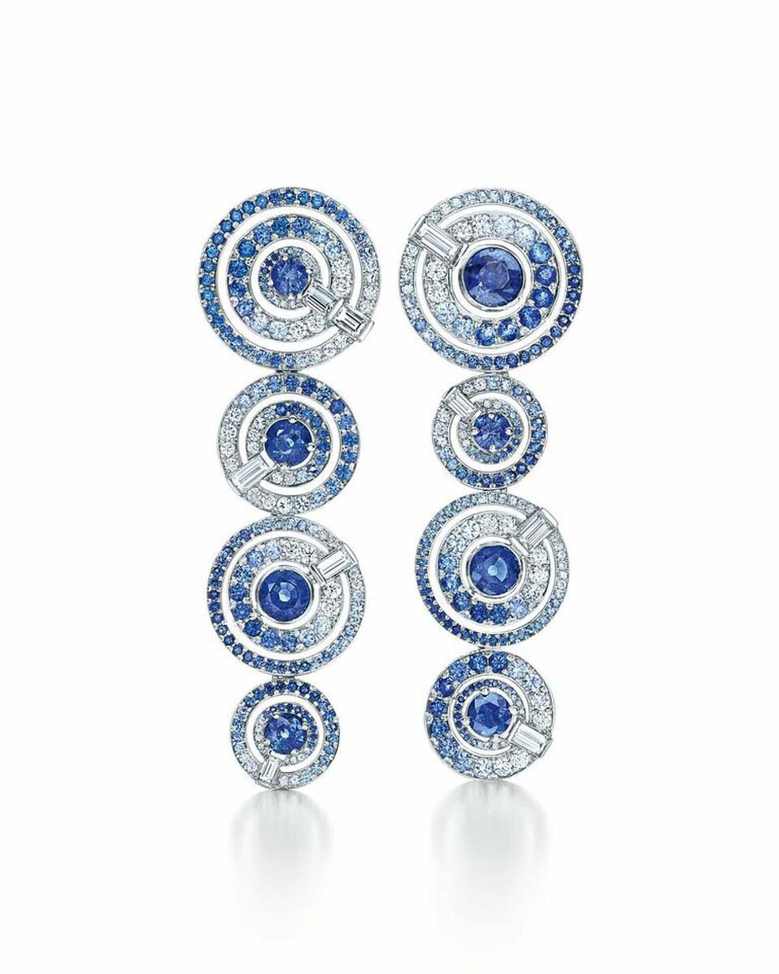 Tiffany earrings with sapphires and round diamonds in white gold from the 2015 Blue Book collection.
