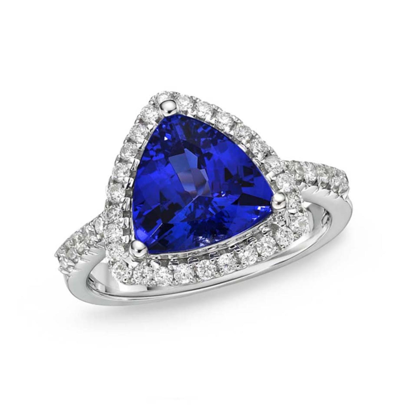 TanzaniteOne tanzanite engagement ring, set with a rich blue-violet 3.40ct tanzanite encirlced by a halo of diamonds, with a reverse tapered band set with diamonds ($3,500).