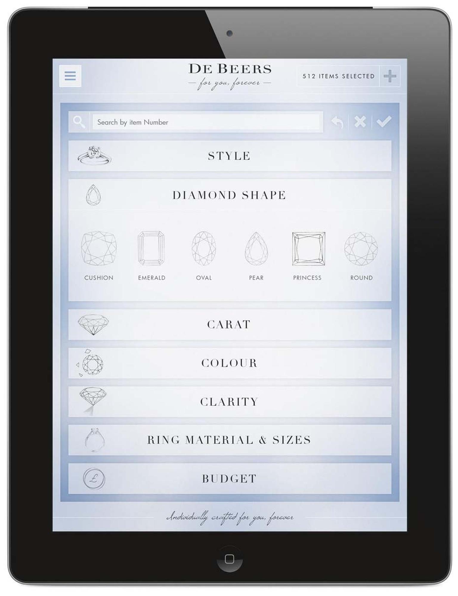 De Beers bridal app uses four simple steps to guide brides-to-be through the process of choosing a De Beers engagement ring.