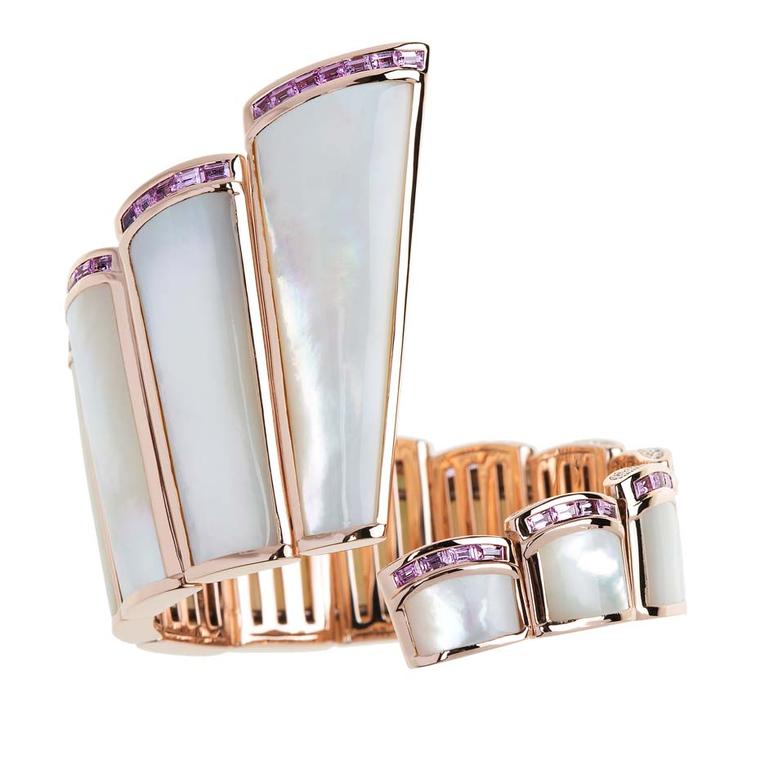 Nikos Koulis rose gold cuff with mother-of-pearl, pink sapphires and white diamonds.
