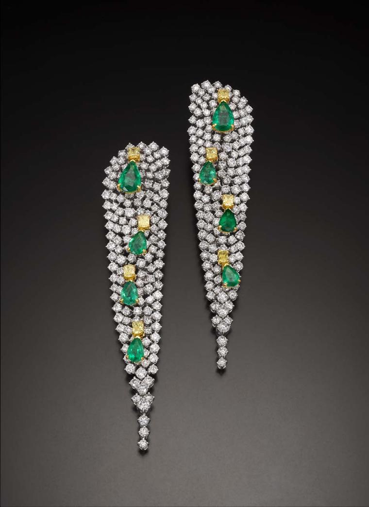Emerald, yellow diamond and white diamond Water Lily earrings by Butani.