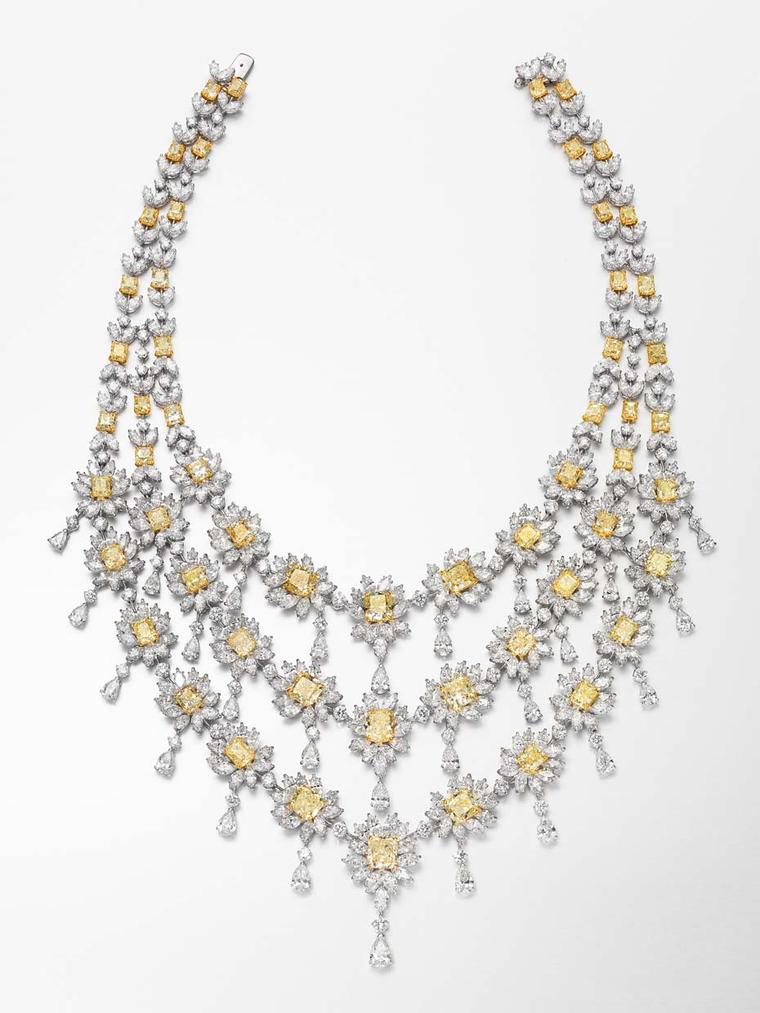 This spectacular three-tier white and Fancy yellow diamond necklace by Butani, which is presented with a pair of matching earrings, is from the High Jewellery collection, which is reserved for royalty.
