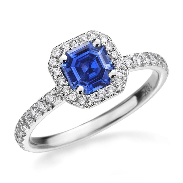 The Royal Asscher cut is usually associated with diamonds, but the multi-faceted cut highlights the blue shimmer in its stunning Spellbound sapphire engagement ring.
