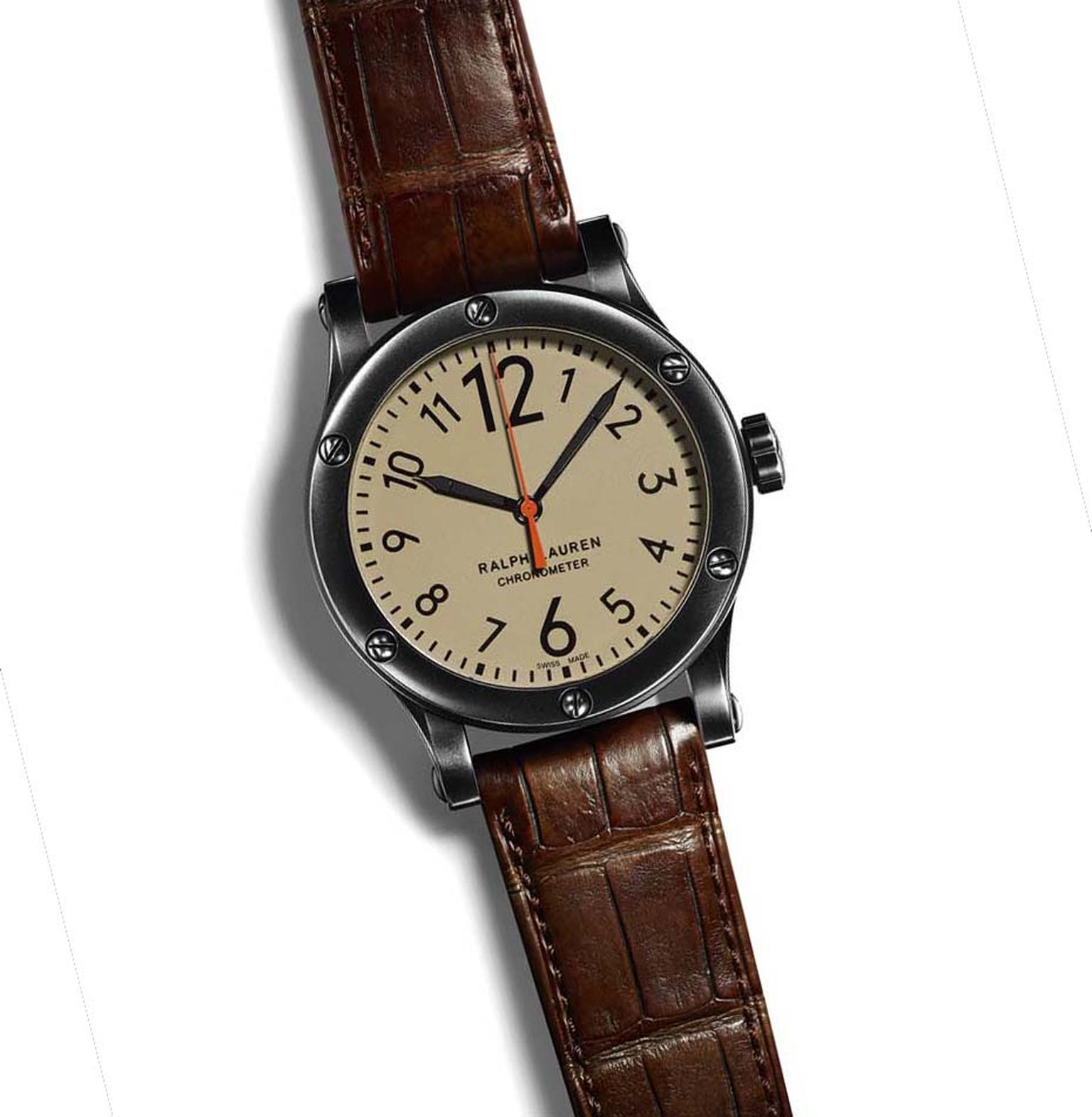 Ralph Lauren watches RL67 Safari Chronometer has been kitted out with a khaki-coloured dial and is presented in a 39 or 45mm stainless steel case with a blackened finish.