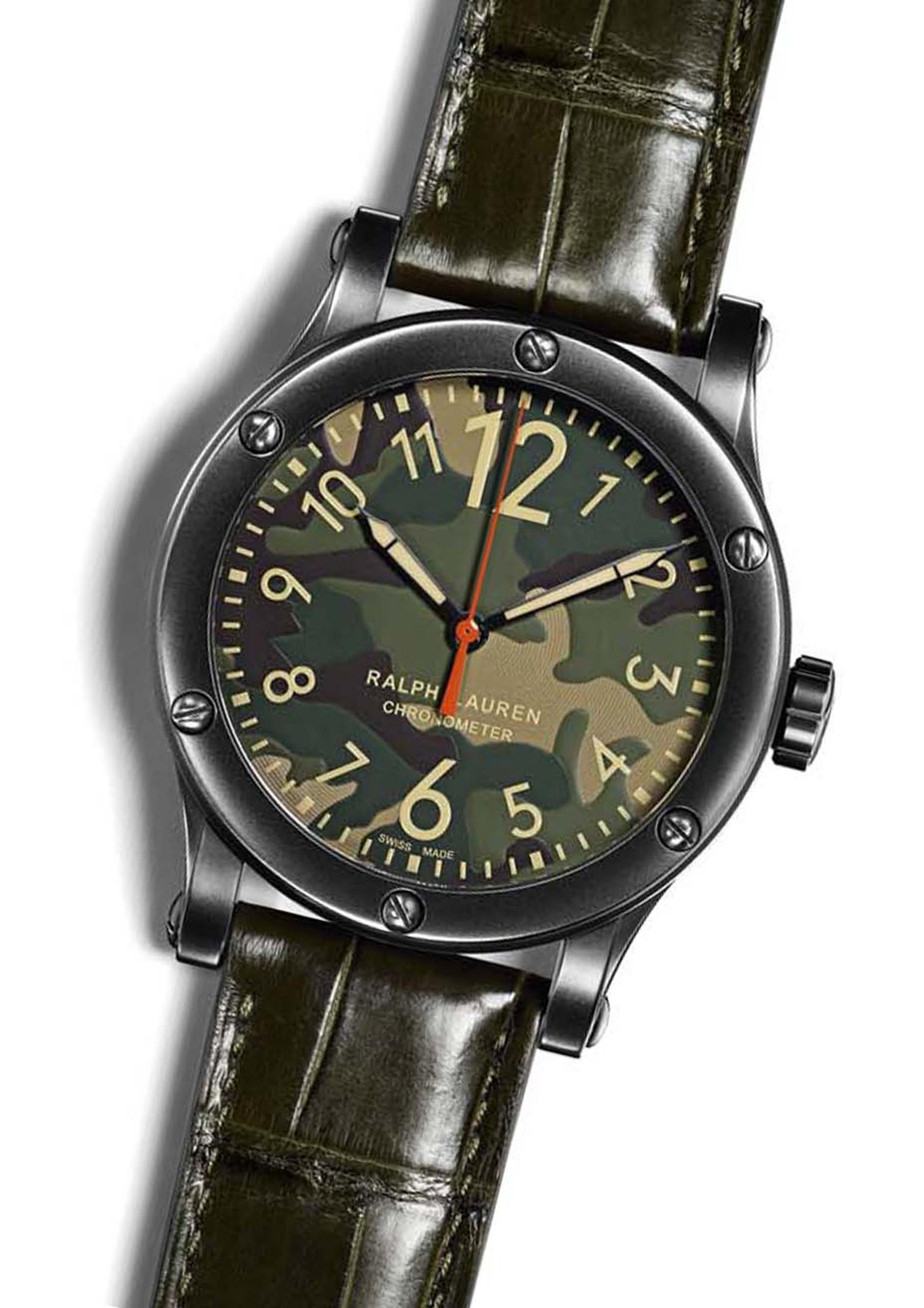 Ralph Lauren watches RL67 Safari Chronometer. Like its brother with the khaki dial, the new camouflage dial watch is equipped with automatic calibre RL300-1, a Swiss COSC-certified chronometer movement water-resistant to 100 metres.