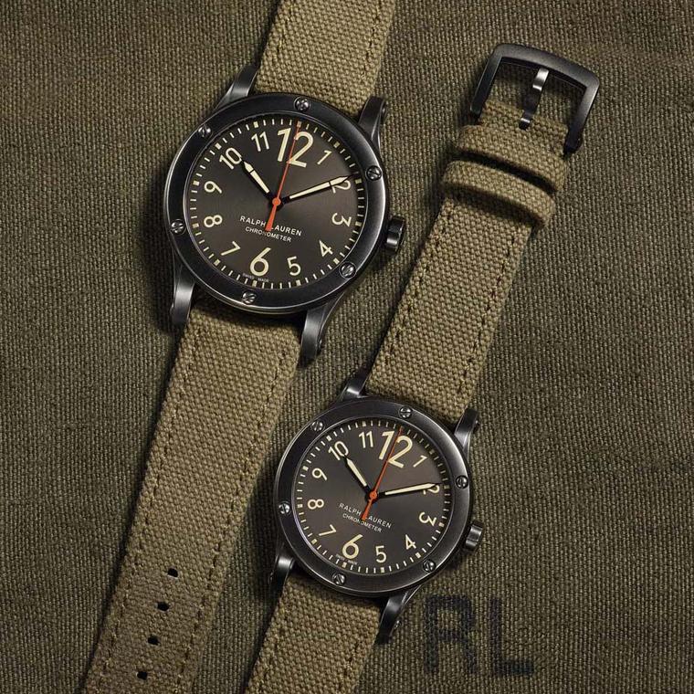 The vintage-looking case of the Ralph Lauren RL67 Safari Chronometer was made possible by a technical treatment, giving the blackened steel a lovely worn patina. Pictured here are the Safari chronometers in 45 and 39mm cases with black dials on olive gree