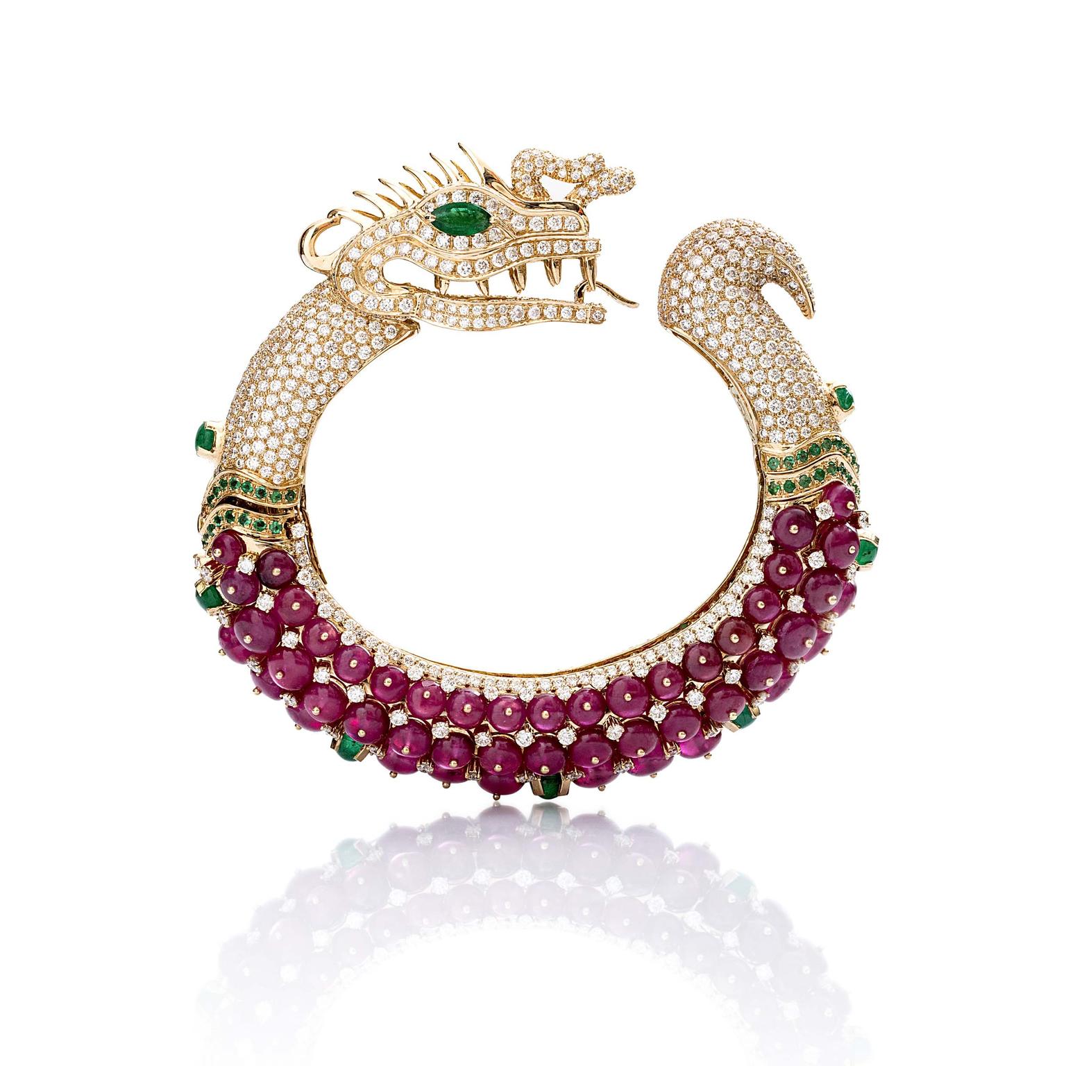 Fahra Khan_Le Jardin Exotique_A magnificent ruby Farah Khan hand cuff shaped like a dragon in 18ct yellow gold with emeralds and diamonds.jpg