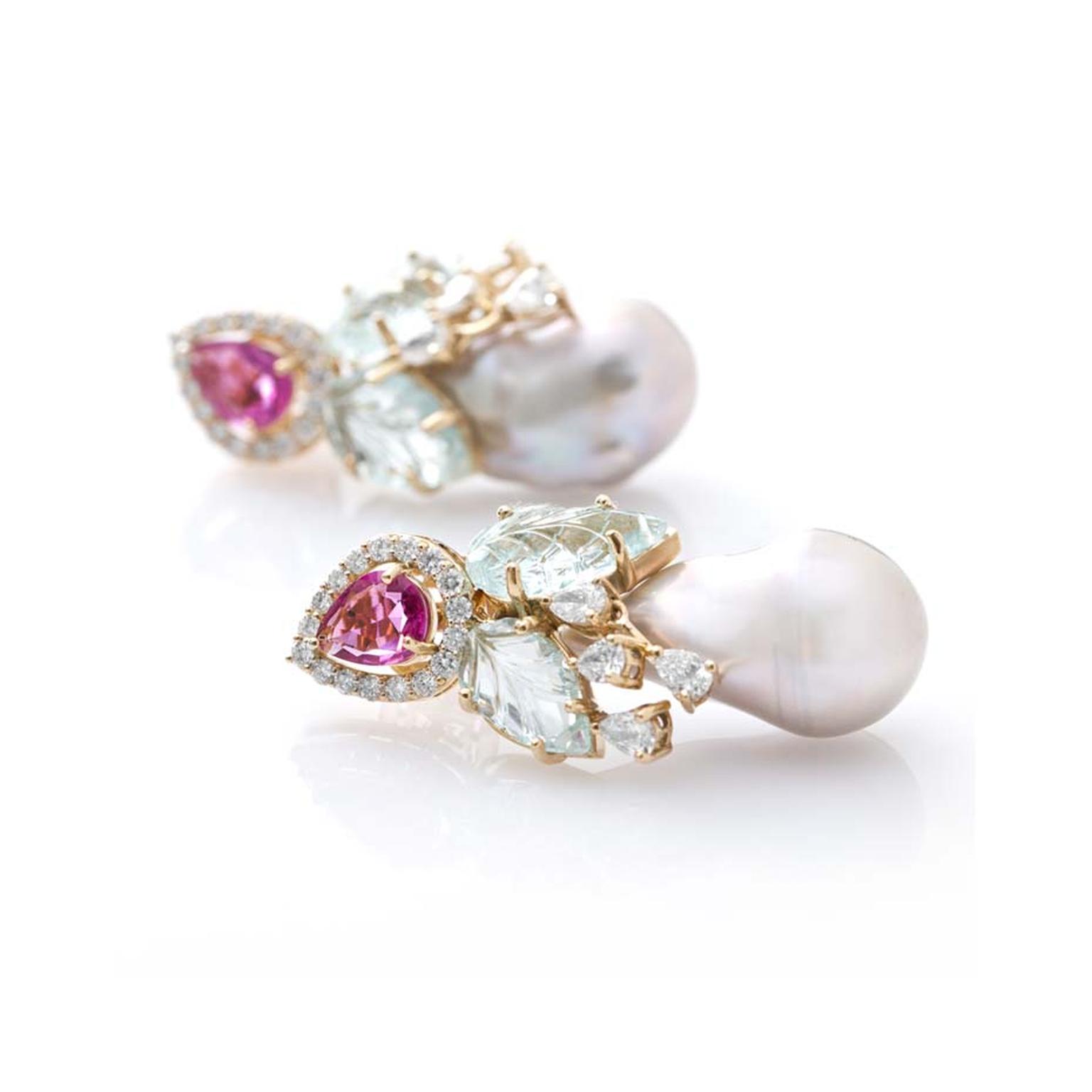 Fahra Khan_Le Jardin Exotique_Baroque pearl earrings in 18ct yellow gold with rubellite, carved leaf aquamarines and diamonds by Farah Khan jewellery.jpg
