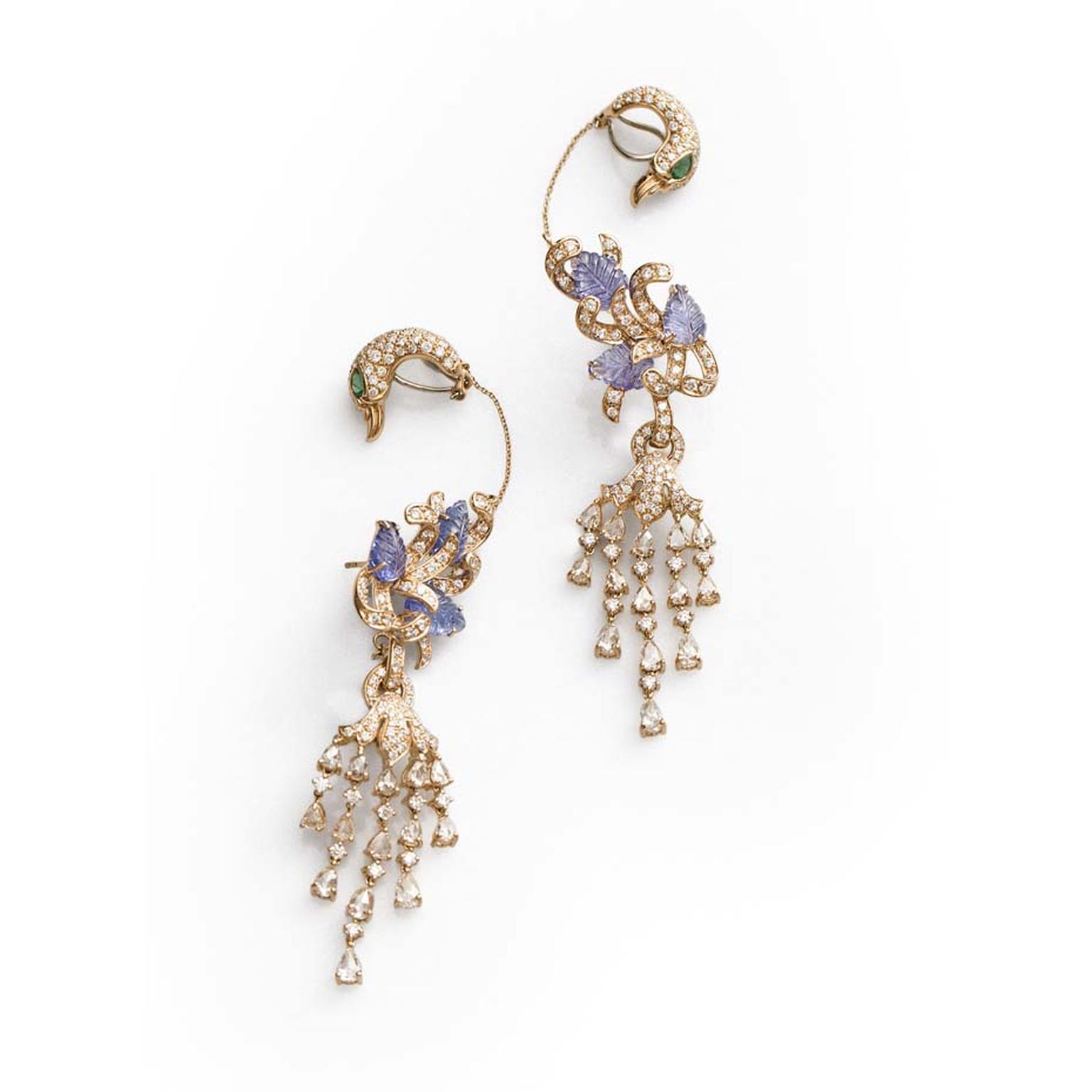 Peacock-inspired emerald and carved tanzanite Farah Khan ear cuffs in yellow gold and diamonds, from the new Le Jardin Exotique summer jewellery collection.