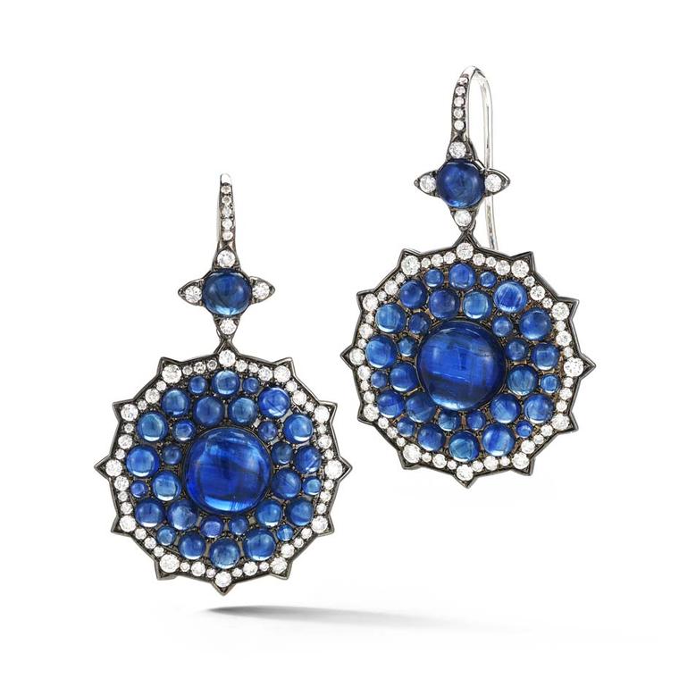 Nam Cho blue sapphire cabochon earrings with white diamonds and kyanite cabochon.
