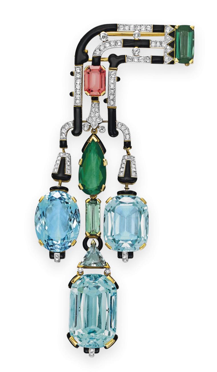 Cartier Art Deco aquamarine, tourmaline, diamond and enamel brooch