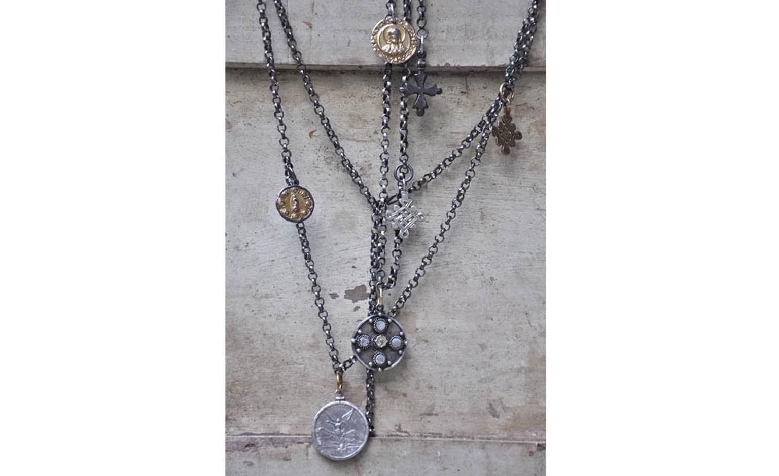 Carolyn Roumeguere Mexican Pirate necklace with Mexican medallions and Ethiopian silver circles in skulls in gold and silver £4,125